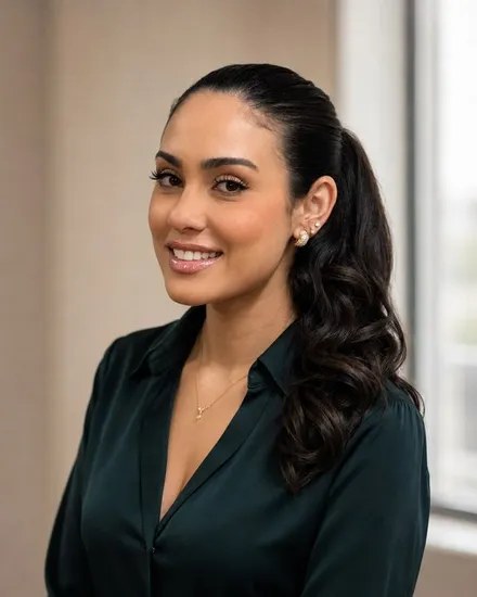 Portrait d'une femme aux cheveux attachés en chignon, chemisier vert foncé, souriante