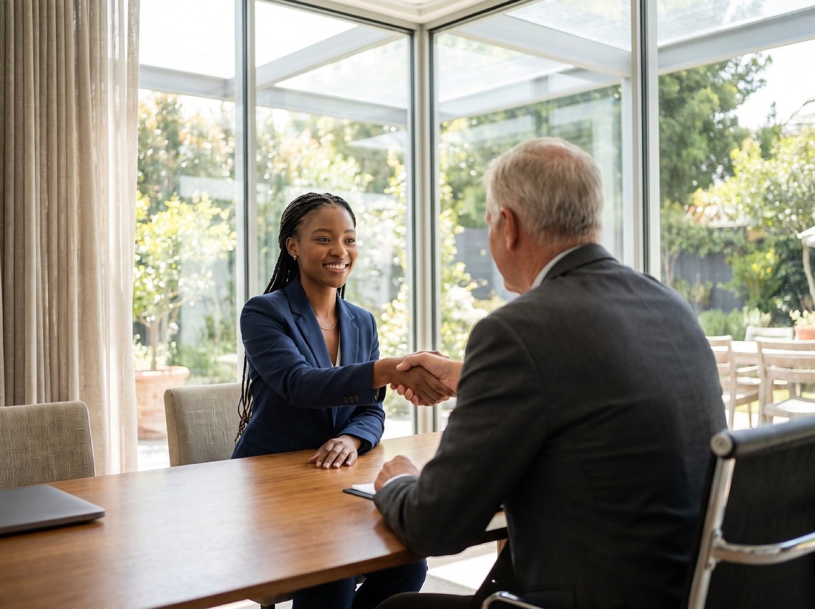Poignée de main entre un recruteur et un candidat lors d'un entretien professionnel